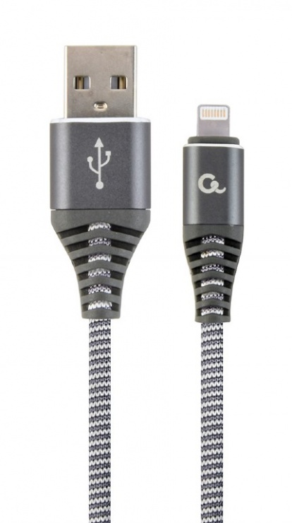 Imagine Cablu date + incarcare USB la iPhone Lightning Premium 2m Silver/Alb, Gembird CC-USB2B-AMLM-2M-WB2