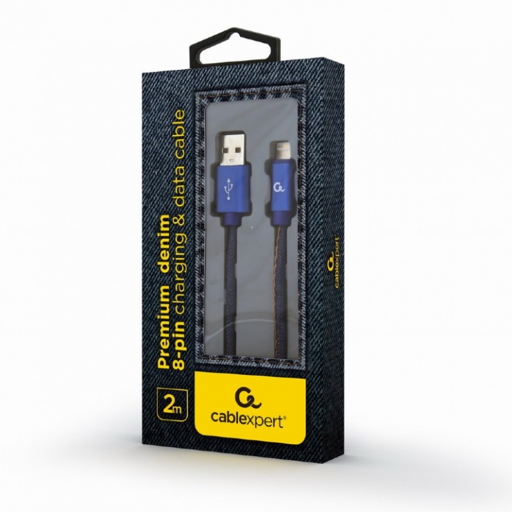 Imagine Cablu USB 2.0 la iPhone Lightning Premium jeans (denim) 2m, Gembird CC-USB2J-AMLM-2M-BL