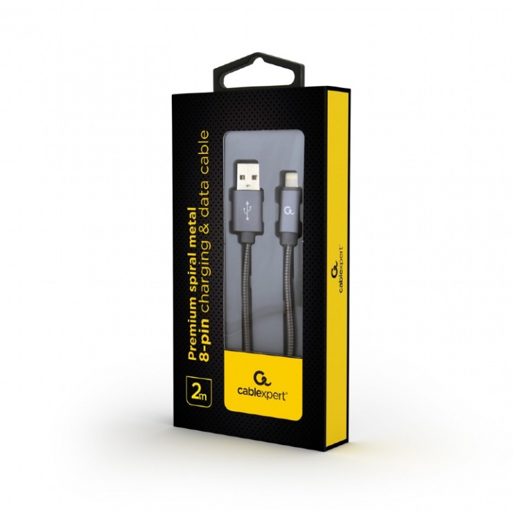 Imagine Cablu de date + incarcare USB la iPhone Lightning metalic spiral Premium 2m Metalic/Gri, Gembird CC-
