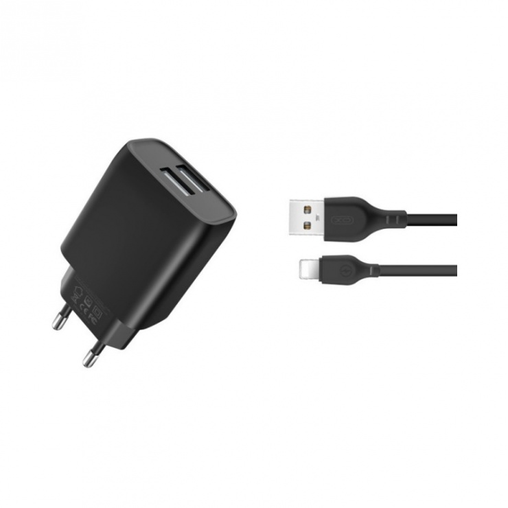 Imagine Incarcator priza 2 x USB 2A + cablu Lightning Negru, XO L57