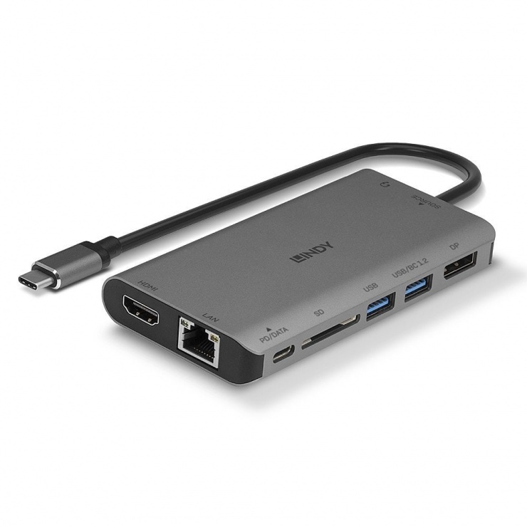 Imagine Mini Laptop Docking USB 3.2 Type C la 4K HDMI & DP + USB 3.2 + Gigabit + SD + Audio cu PD 3.0/100W, Lindy L43323