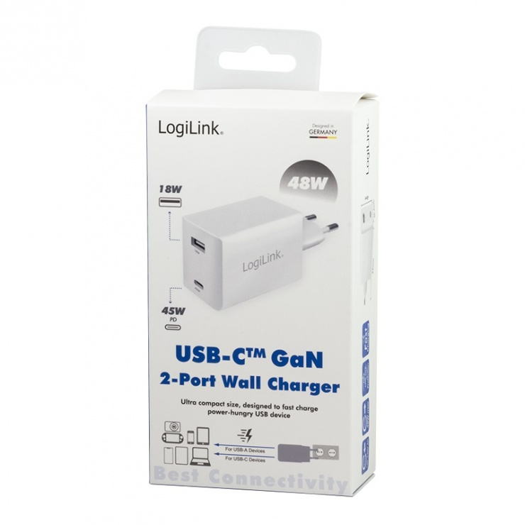 Imagine Incarcator priza 1 x USB-C + 1 x USB-A 3A/45W Alb, Loglink PA0230