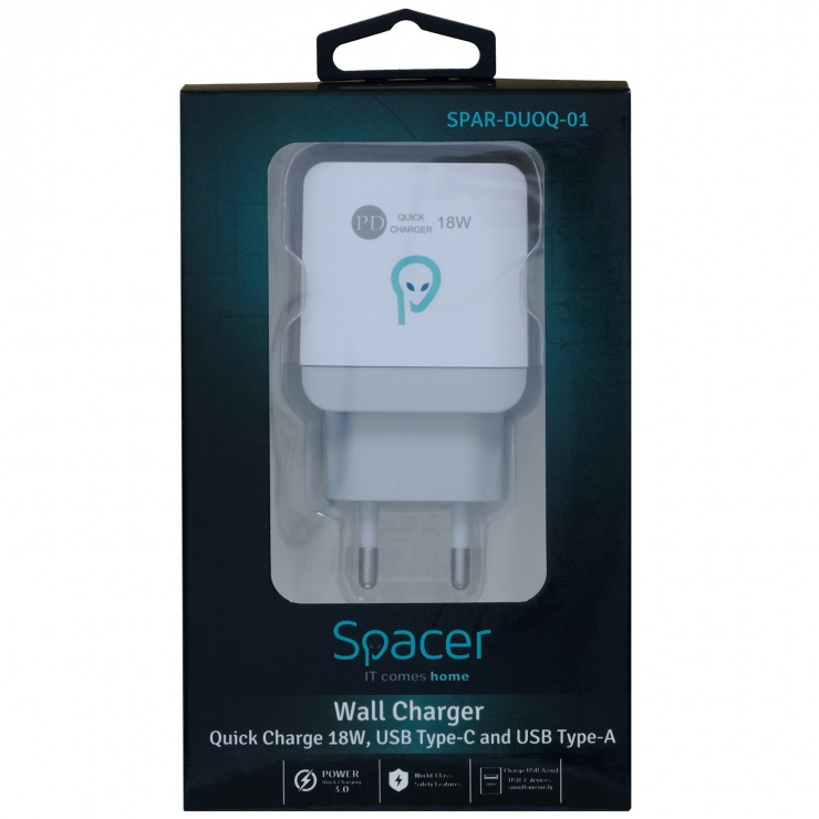 Imagine Incarcator priza USB-A + USB-C Quick Charge 3.0 18W, Spacer SPAR-DUOQ-01