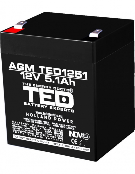 Imagine Acumulator pentru UPS AGM VRLA 12V 5.1A, TED1251