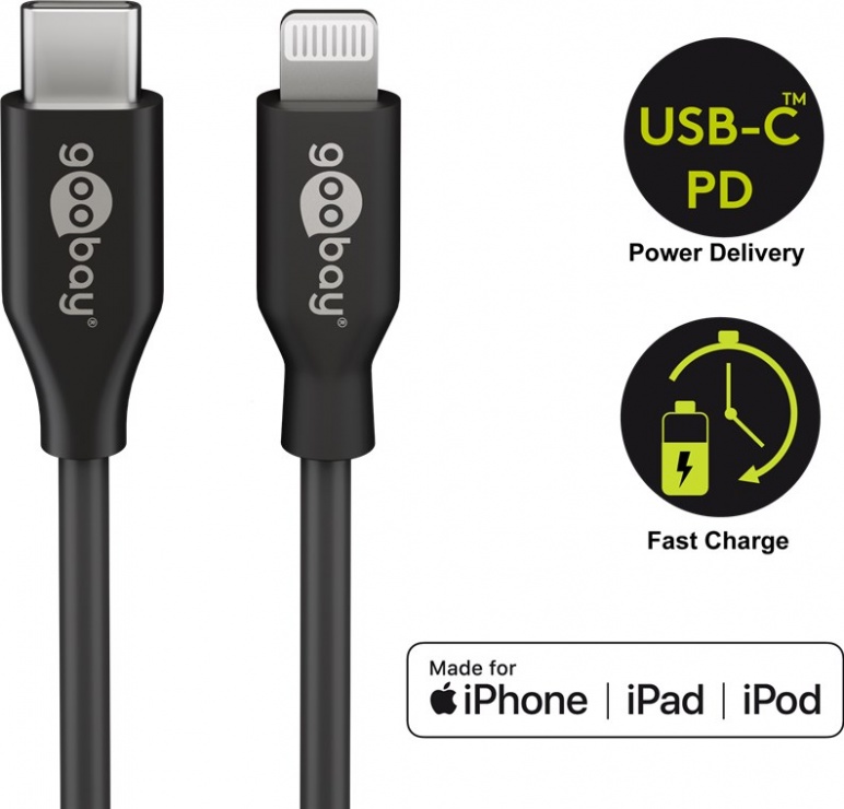 Imagine Cablu de date + incarcare USB-C la iPhone Lightning MFI T-T 0.5m Negru, Goobay 39428