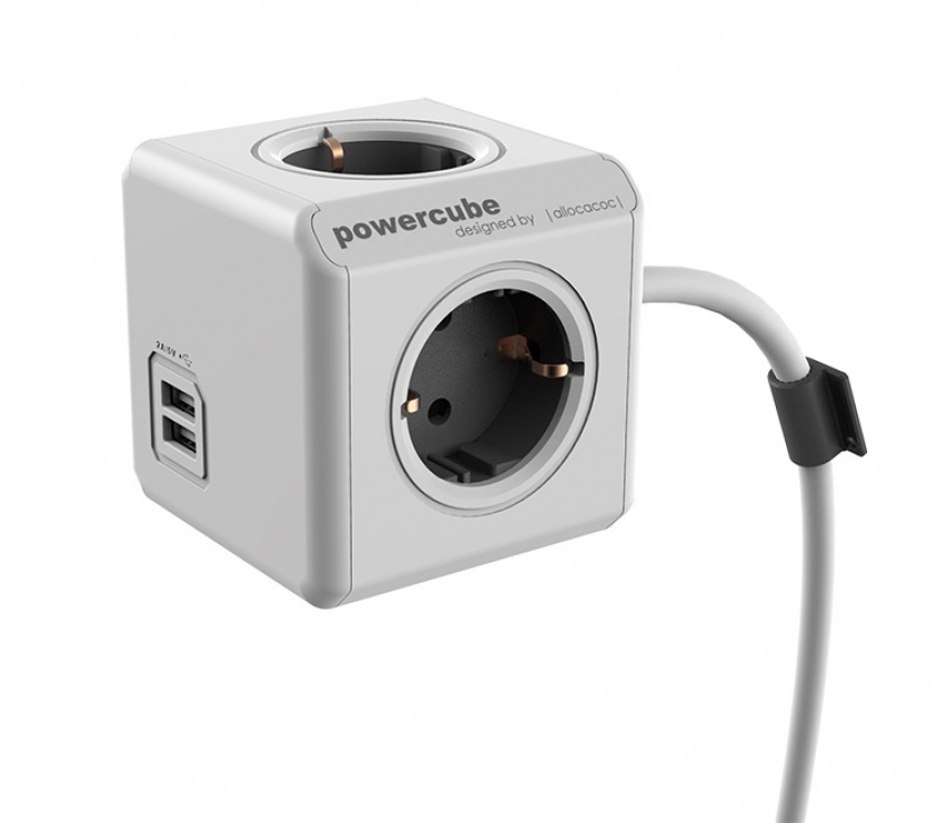 Imagine Prelungitor in forma de cub PowerCube Extended 4 prize si 2 x USB 1.5m Gri, Allocacoc