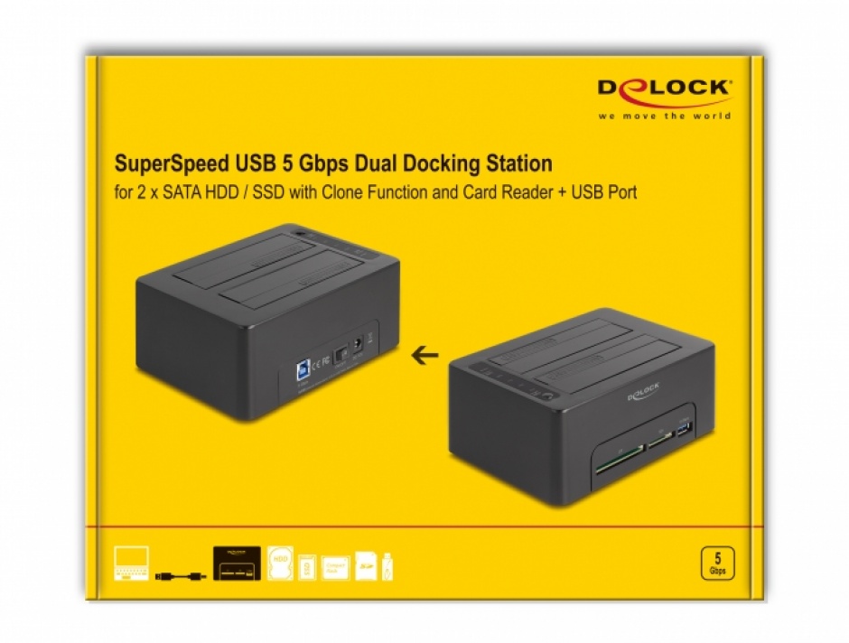 Imagine Docking staton pentru 2 x SATA HDD/SSD cu Functie Clona + Card Reader + USB-A, Delock 64183