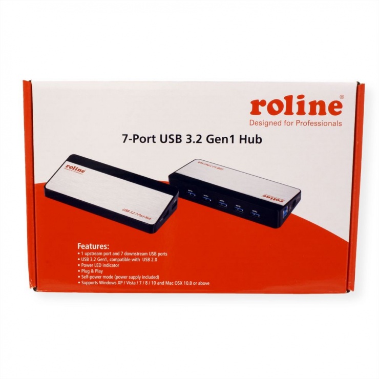 Imagine HUB USB 3.2 Gen1 cu 7 porturi USB-A + alimentare, Roline 14.02.5029
