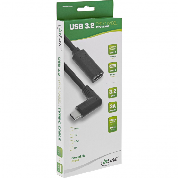 Imagine Cablu prelungitor USB 3.2 type C T-M unghi 90 grade 3A 2m, Inline IL35782