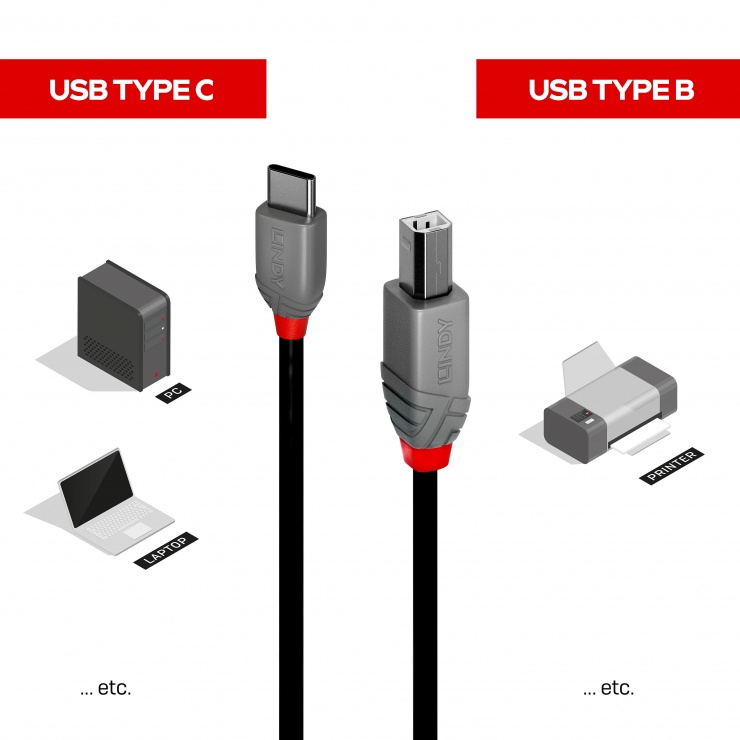 Imagine Cablu USB 2.0 Type C la USB-B Anthra Line 0.5m, Lindy L36940