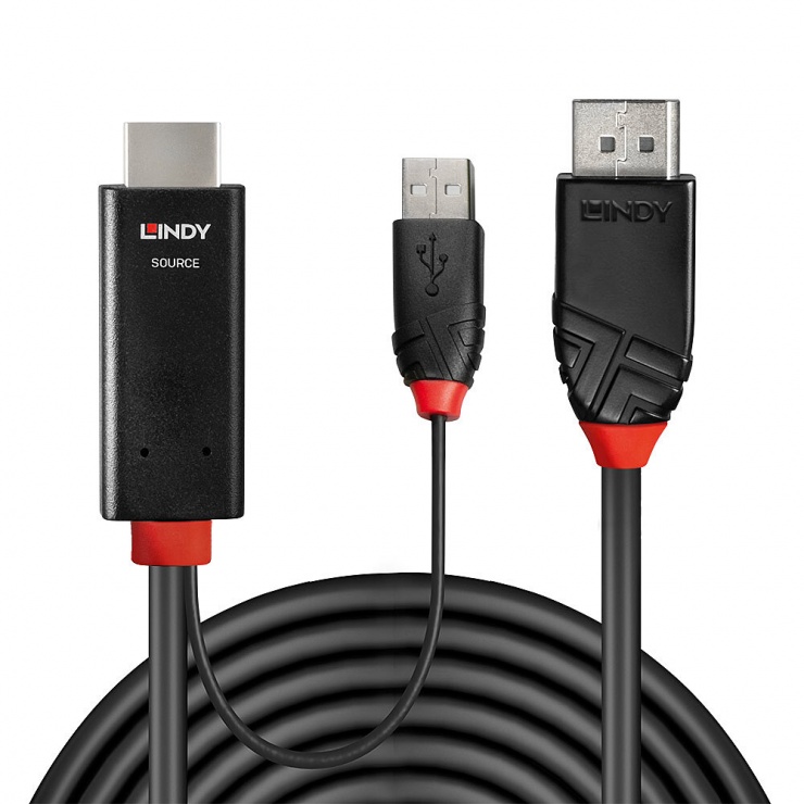 Imagine Cablu HDMI la Displayport 4K60Hz cu alimentare USB T-T 2m, Lindy L41499