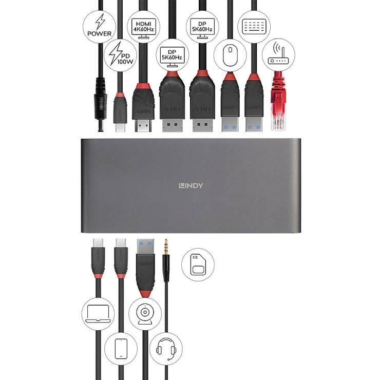 Imagine Docking Station USB type C la 2 x Displayport/HDMI/3 x USB-A/SD/micro SD 100W, Lindy L43349