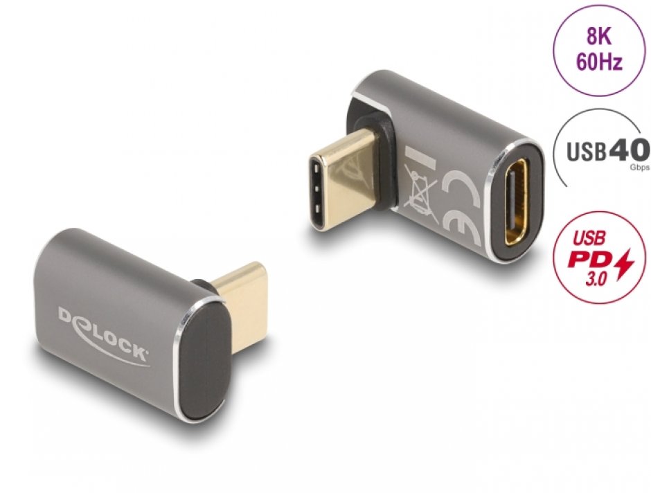 Imagine Adaptor USB4 type C T-M unghi 90 grade 8K60Hz/100W/40Gb metalic, Delock 60054