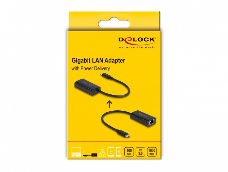 Imagine Adaptor USB 3.2 Gen1 type C la Gigabit LAN + PD 100W, Delock 61026