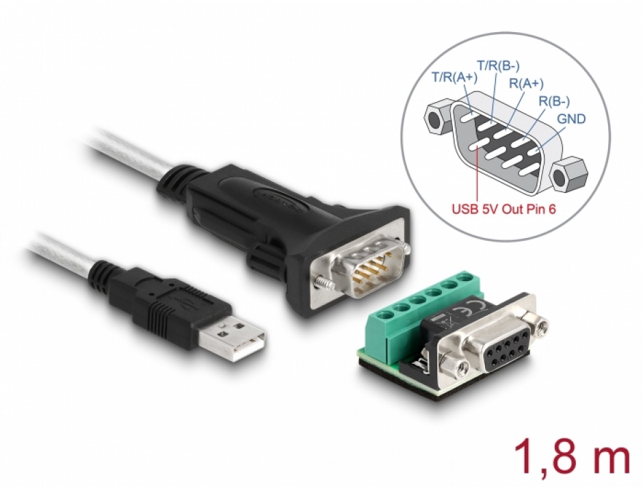 Imagine Adaptor USB-A la serial RS-422/485 FTDI cu terminal block +5V 1.8m, Delock 63465
