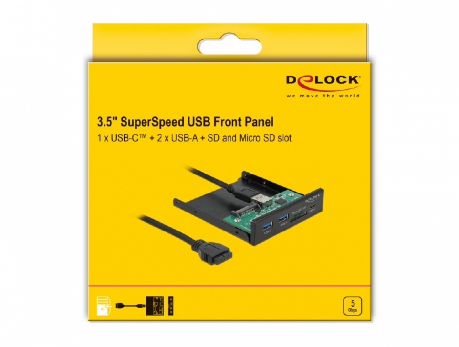 Imagine Front panel 3.5" USB 3.2 Gen 1 la 1 x USB Type-C + 2 x USB-A + slot SD/Micro SD, Delock 64058