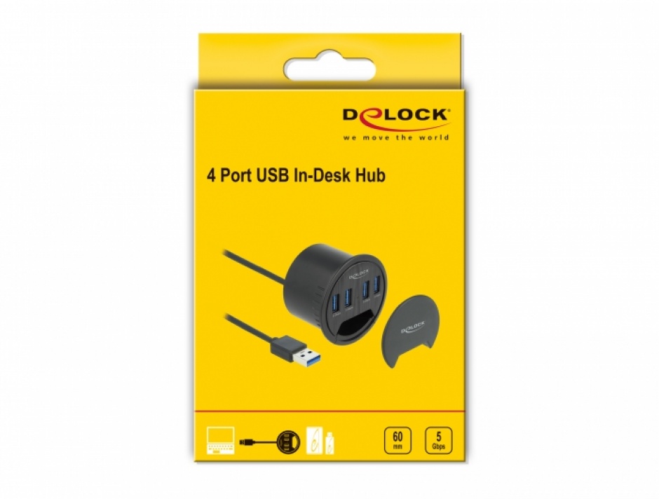 Imagine HUB USB 3.2 Gen 1 cu 4 x USB-A montare masa, Delock 64153