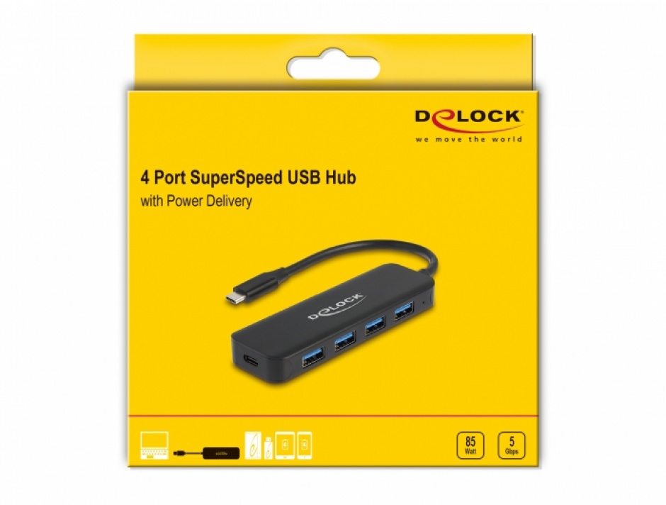 Imagine HUB USB 3.2 Gen1 type C la 4 x USB-A + PD 85W, Delock 64170