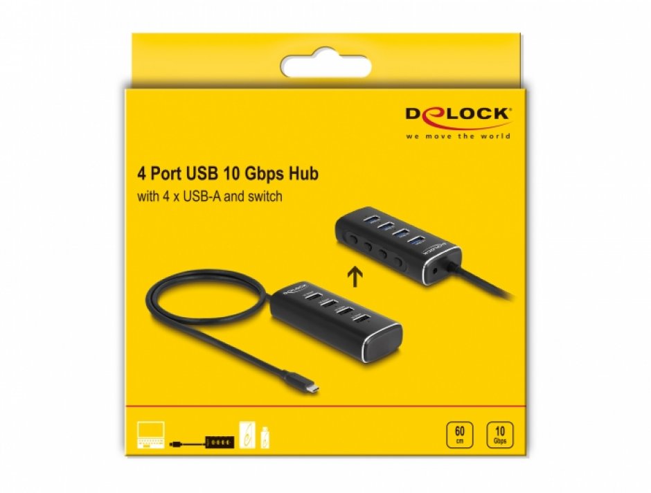 Imagine HUB USB 3.2 Gen2 type C la 4 x USB-A cu switch ON/OFF 0.6m, Delock 64233