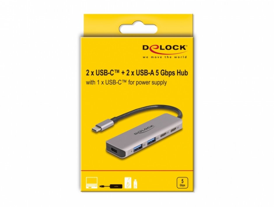 Imagine HUB USB 3.2 type C la 2 x USB type C + 2 x USB-A cu alimentare, Delock 64239