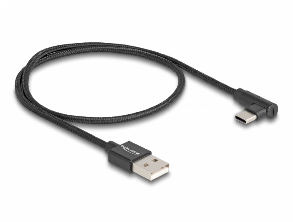 Imagine Cablu USB 2.0-A la USB type C unghi T-T 0.5m brodat Negru, Delock 80029