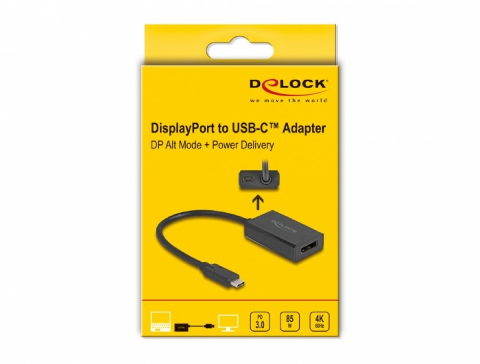 Imagine Adaptor Displayport la USB type C (DP Alt Mode) 4K60Hz PD 85W M-T, Delock 61059
