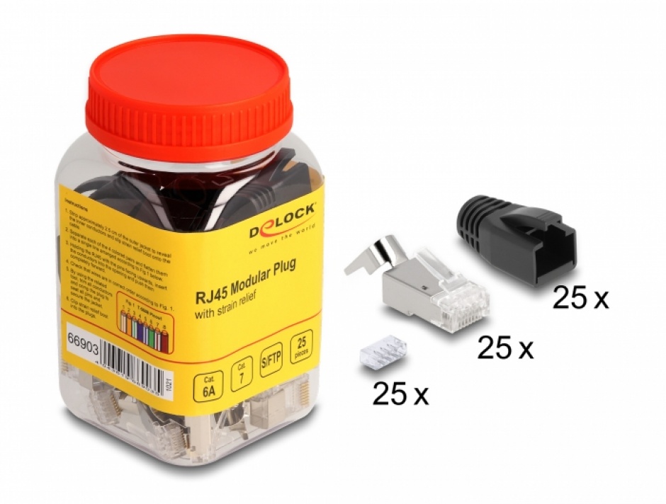 Imagine Set 25 buc conector de retea RJ45 SFTP pentru fir solid Cat.6A/Cat.7 + manson negru, Delock 66903