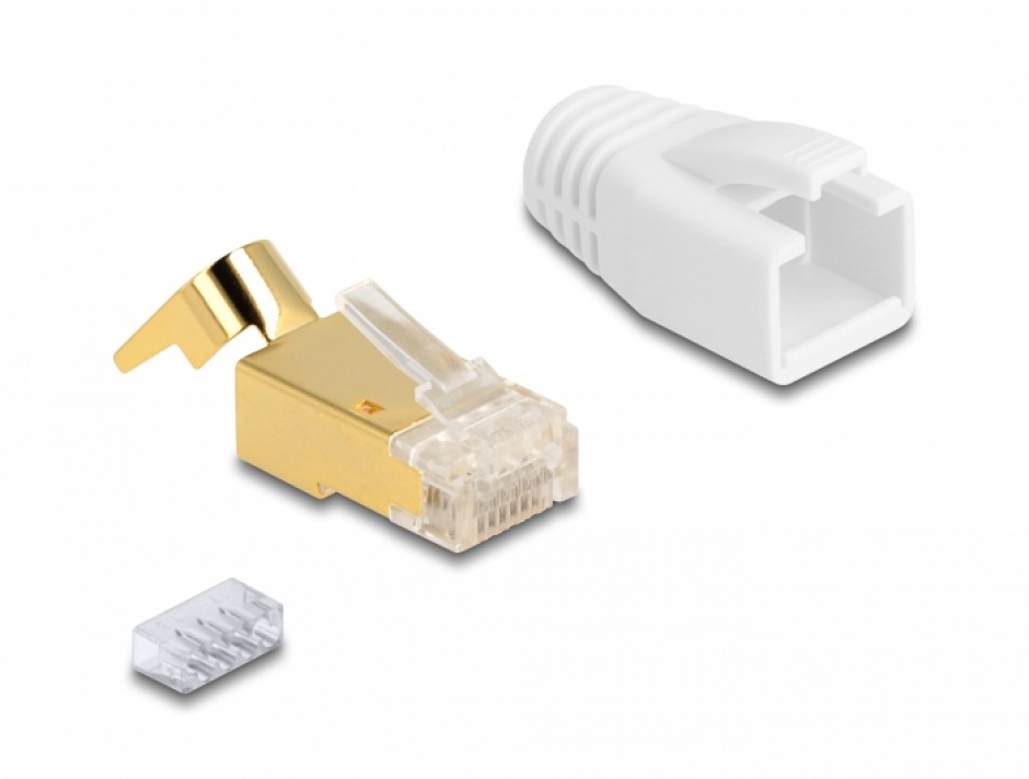 Imagine Set 25 buc conector SFTP RJ45 Cat.7 pentru fir solid + 25 mansoane Albe, Delock 67018