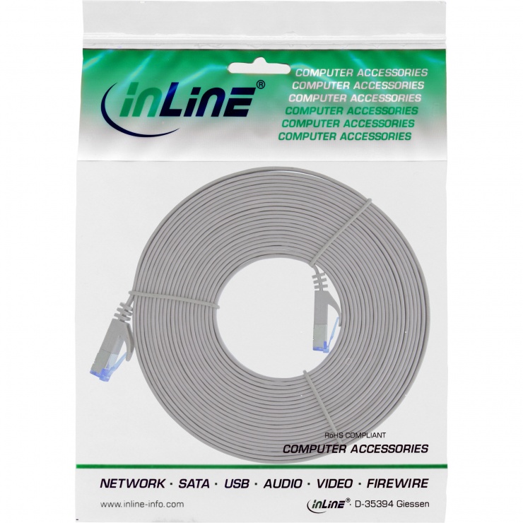 Imagine Cablu de retea RJ45 flat FTP Cat.6A 10m Gri, InLine IL71800