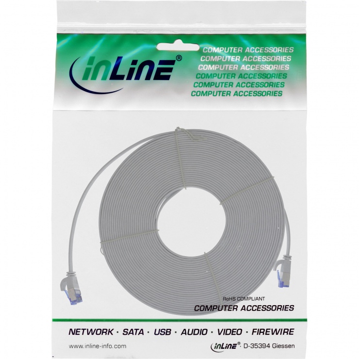 Imagine Cablu de retea RJ45 flat FTP Cat.6A 15m Gri, InLine IL75715