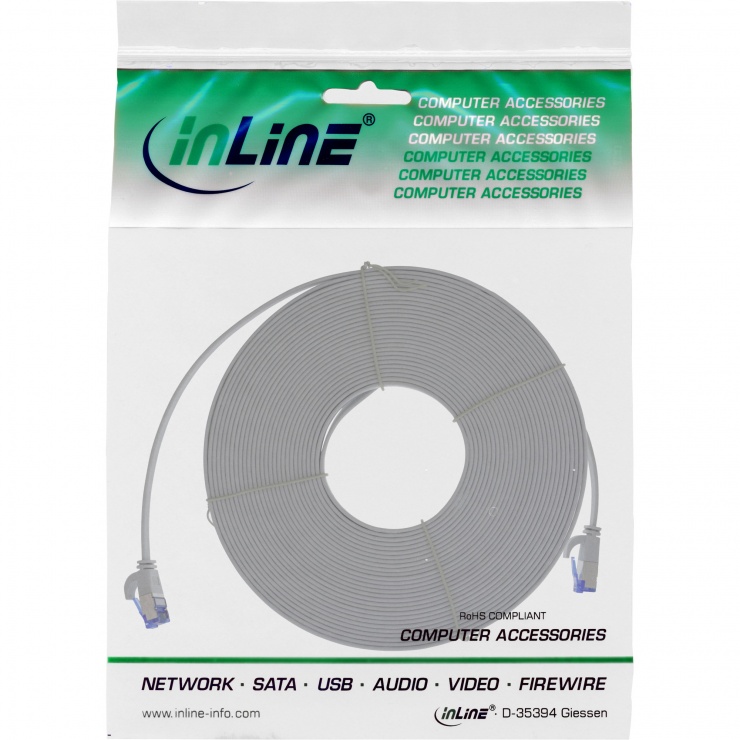 Imagine Cablu de retea RJ45 flat FTP Cat.6A 20m Gri, InLine IL75720