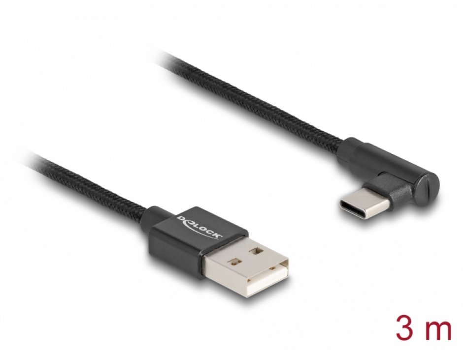 Imagine Cablu USB 2.0-A la USB type C unghi T-T 3m brodat Negru, Delock 80033