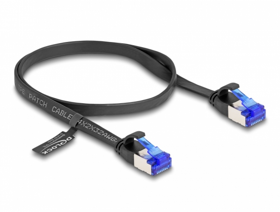 Imagine Cablu de retea RJ45 FTP Cat.6A flat/flexibil 0.5m Negru, Delock 80174