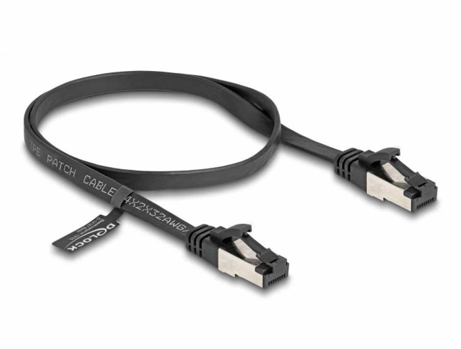Imagine Cablu de retea RJ45 FTP Cat.8.1 flat/flexibil 0.5m Negru, Delock 80178