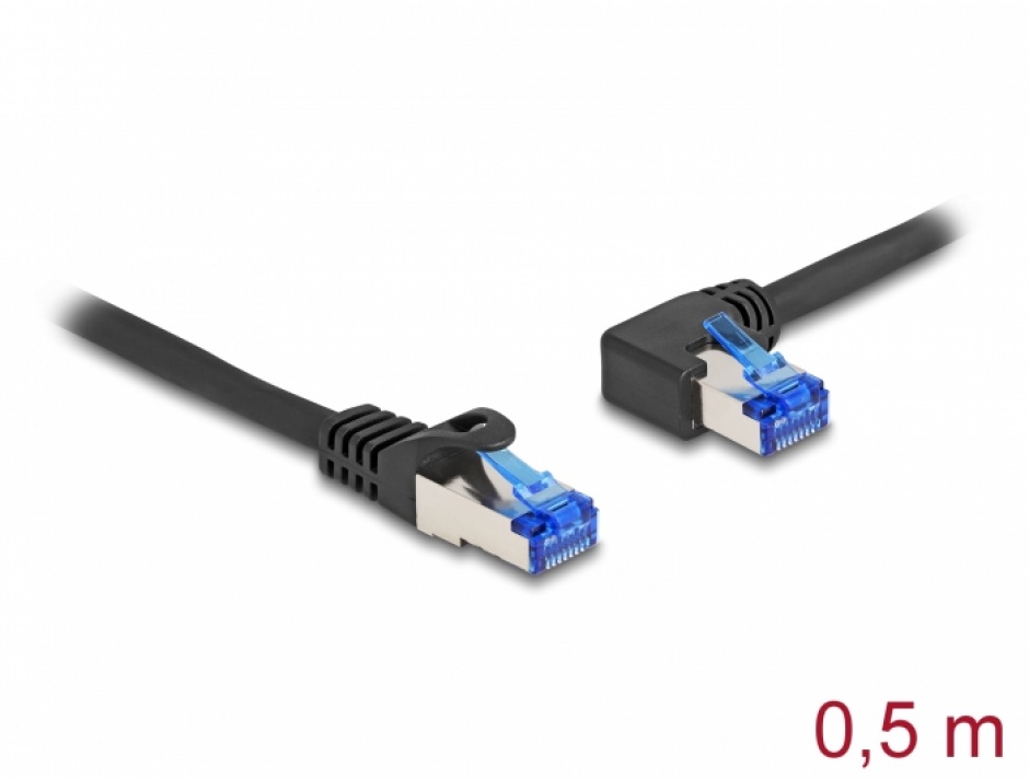 Imagine Cablu de retea RJ45 Cat.6A SFTP LSOH drept/unghi 90 grade stanga 0.5m Negru, Delock 80217