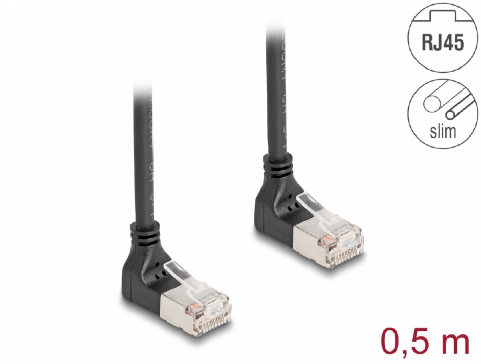 Imagine Cablu de retea RJ45 Cat.6A S/FTP Slim unghi 90 grade sus/sus 0.5m Negru, Delock 80280