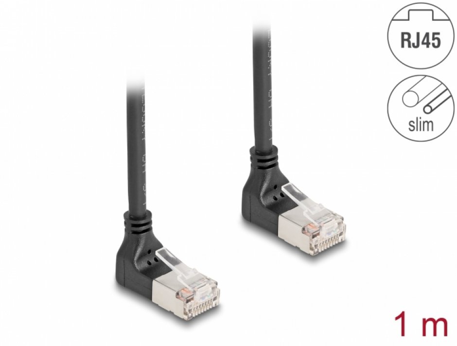 Imagine Cablu de retea RJ45 Cat.6A S/FTP Slim unghi 90 grade sus/sus 3m Negru, Delock 80283