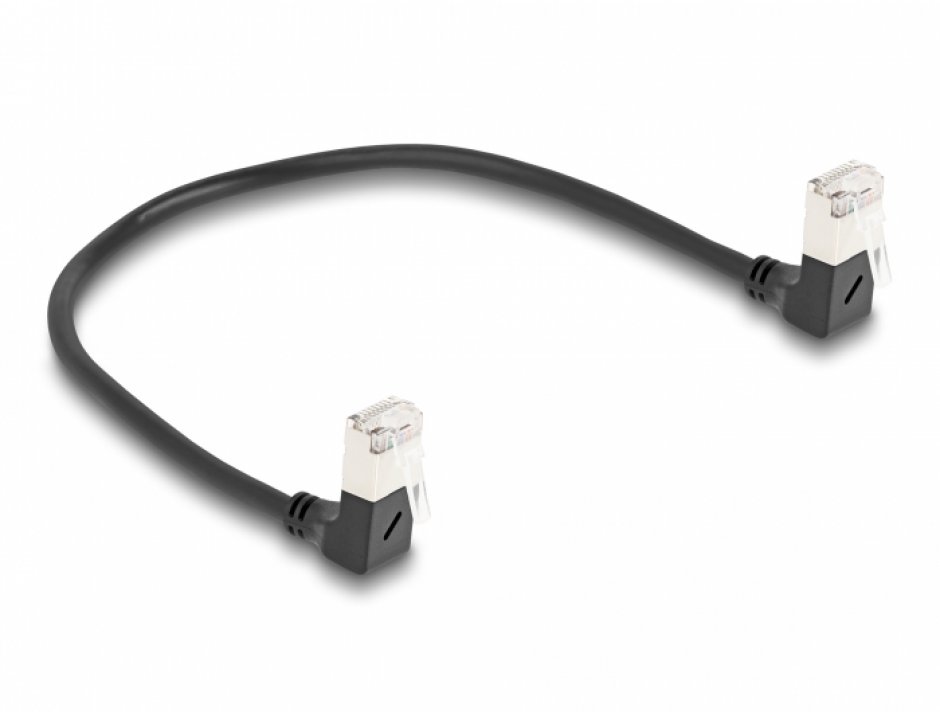 Imagine Cablu de retea RJ45 Cat.6A S/FTP Slim unghi 90 grade jos/jos 0.25m Negru, Delock 80297