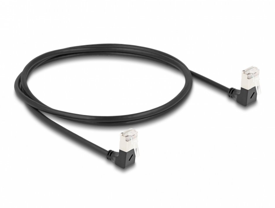 Imagine Cablu de retea RJ45 Cat.6A S/FTP Slim unghi 90 grade jos/jos 1m Negru, Delock 80299