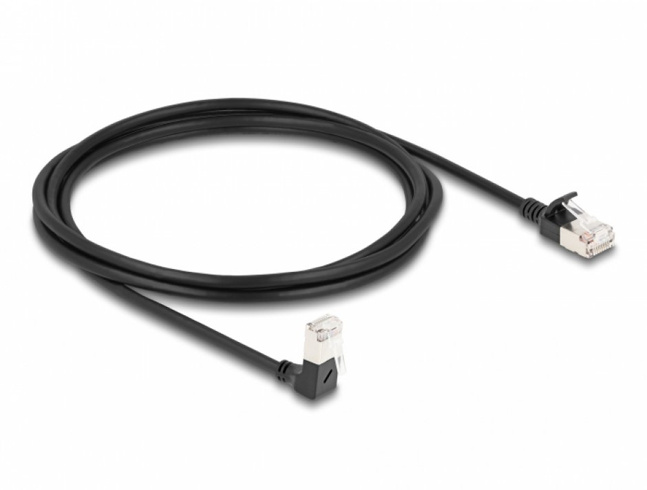 Imagine Cablu de retea RJ45 Cat.6A S/FTP Slim unghi 90 grade jos/drept 3m Negru, Delock 80307
