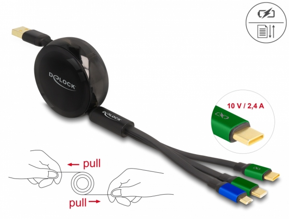 Imagine Cablu 3 in 1 retractabil USB la micro USB/2 x USB Type-C Fast Charging Negru, Delock 85359