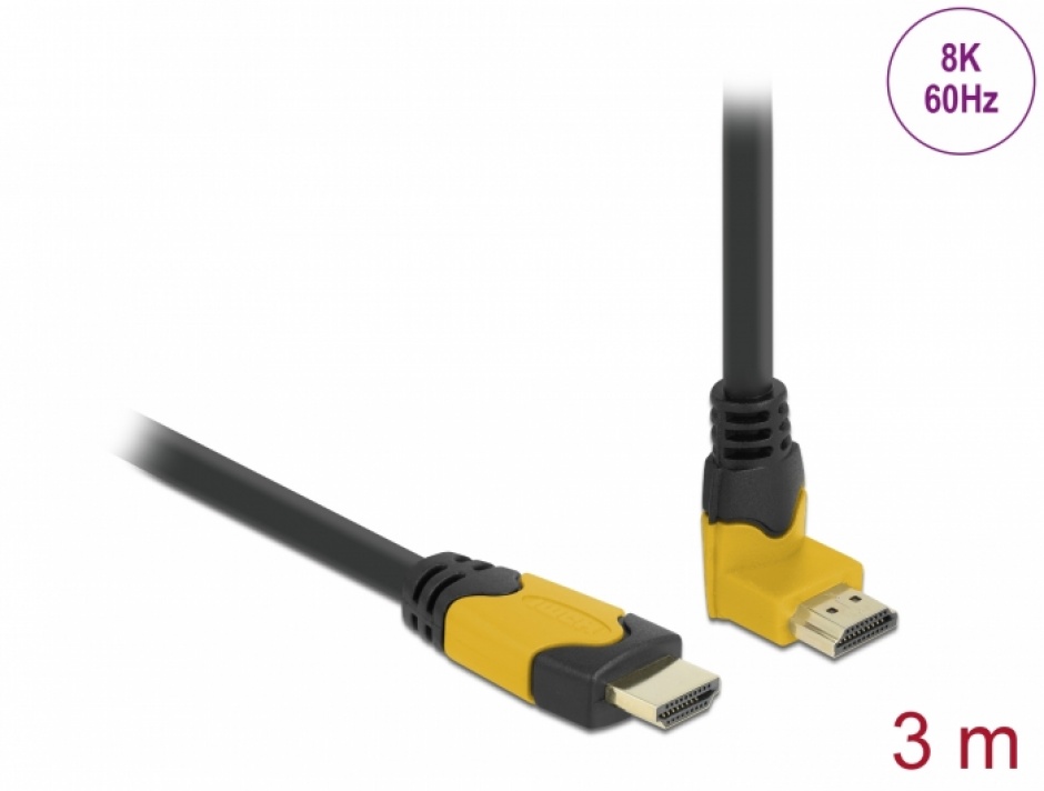 Imagine Cablu Ultra High Speed HDMI 8K60Hz/4K240Hz drept/unghi 90 grade sus T-T 3m Negru/Galben, Delock 86990