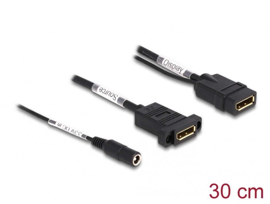 Imagine Cablu Displayport 4K60 Hz cu alimentare DC 2.1 x 5.5 mm M-M 0.30m panel-mount, Delock 87039