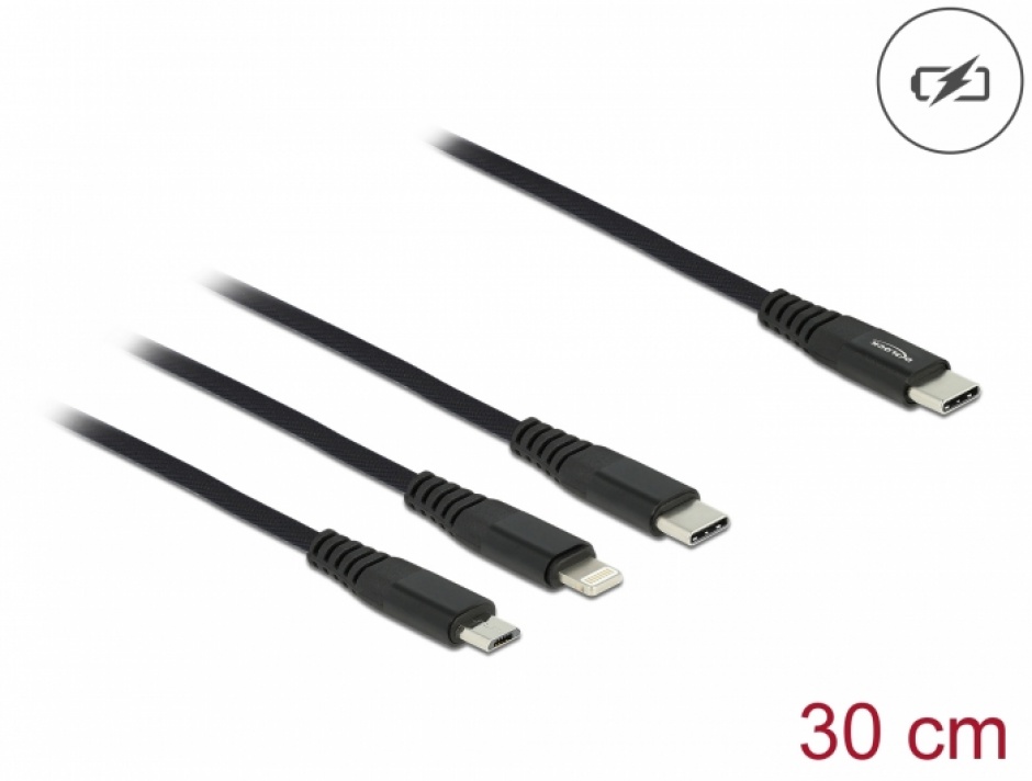 Imagine Cablu de incarcare USB 3 in 1 USB-C la Lightning / Micro USB / USB-C T-T 0.3m, Delock 87148