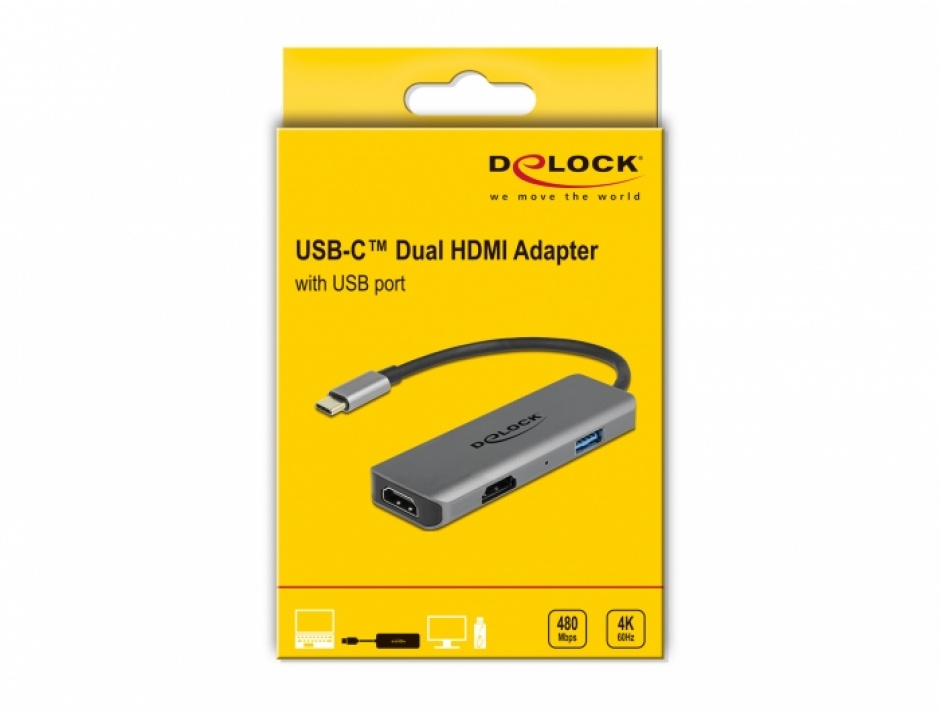 Imagine Docking station USB type C la 2 x HDMI 4K60Hz MST + 1 x USB-A, Delock 87780