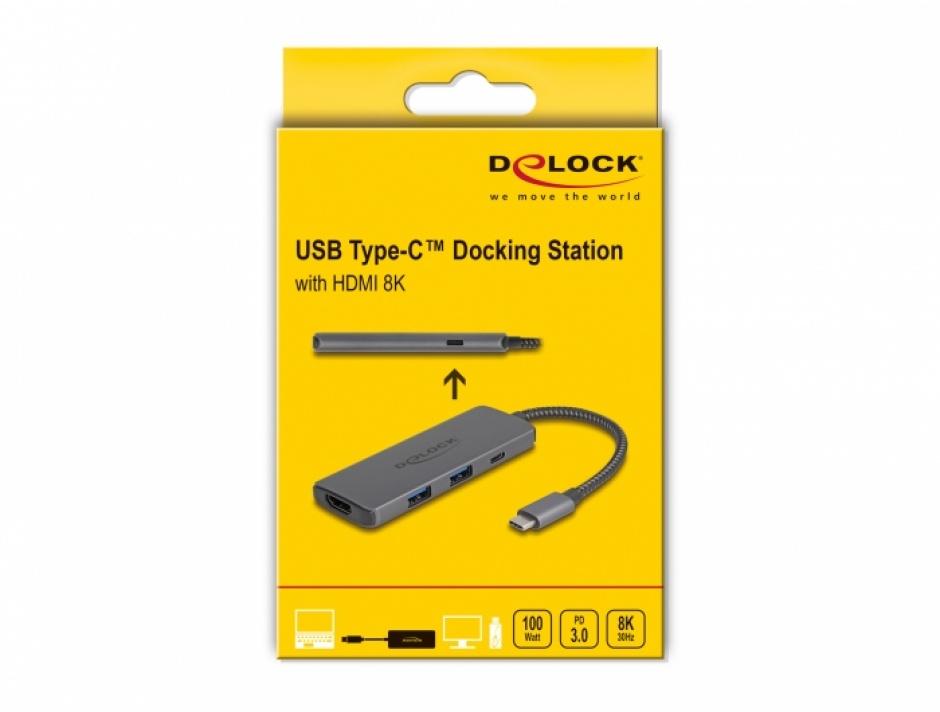 Imagine Docking Station USB 3.1 type C la HDMI 8K30Hz HDR + 2 x USB-A + 1 x USB-C + PD 3.0 100W, Delock 8780
