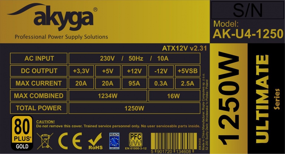 Imagine Sursa pentru minat 1250W cu 2 x P4+4/10 x PCI-E 6+2 pin / 5 x SATA APFC 80 + fanN 14cm, AK-U4-1250