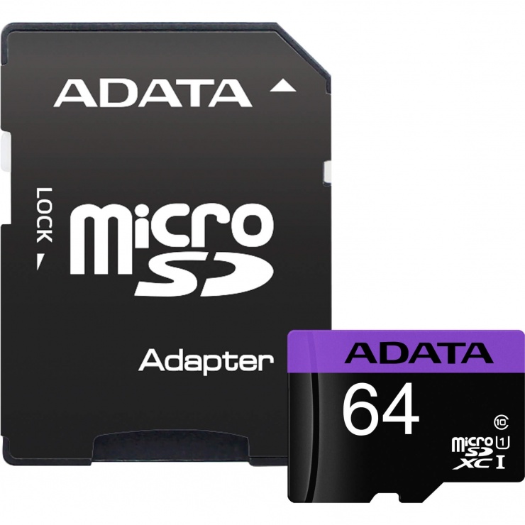 Imagine Card de memorie micro SDXC 64GB clasa 10 + adaptor SD, ADATA AUSDX64GUICL10-RA1
