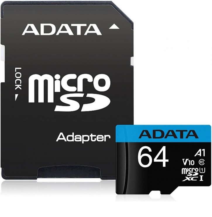 Imagine Card de memorie micro SDXC 64GB clasa 10 + adaptor SD, A-DATA AUSDX64GUICL10A1-RA1