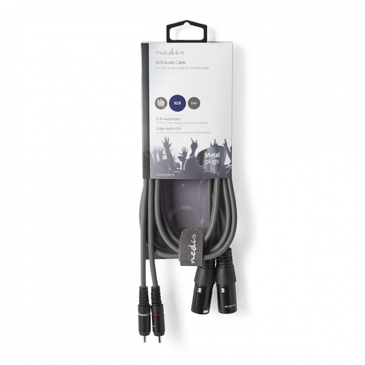 Imagine Cablu audio stereo balansat 2 x XLR 3 pini la 2 x RCA T-T 1.5m Negru, Nedis COTH15210GY15